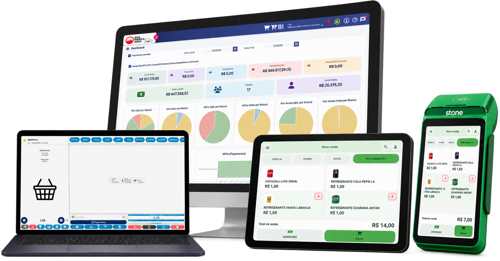 Sistema SmartFull em computador, notebook, tablet e maquininha